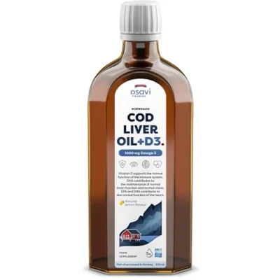 Image of Osavi Norwegian Cod Liver Oil + D3, 1000mg Omega 3 (Lemon) 250 ml.