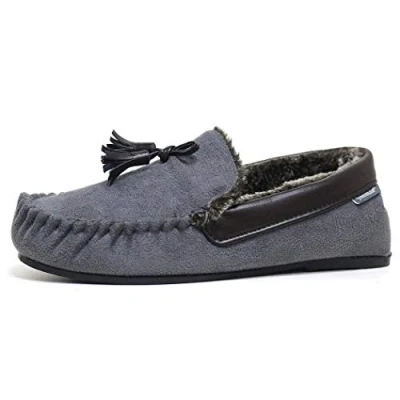Image of Mens Famous Dunlop GEORGE Moccasin Loafers Faux Sheepskin Fur Slippers with Rubber Sole (12 UK, Grey Tassel)
