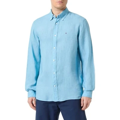 Image of Tommy Hilfiger Men Pigment Dyed Li Solid Rf Shirt Casual Shirts, Blue, XS