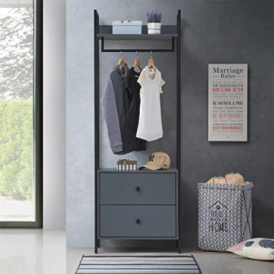 Image of Timber Art Design UK Zahra Bedroom Open Wardrobe with 2 Drawers &amp; Hanging Rail Modern Furniture Storage Organizer Cupboard For Bedroom, Living Room, Dark Grey 180 x 63.8 40 cm