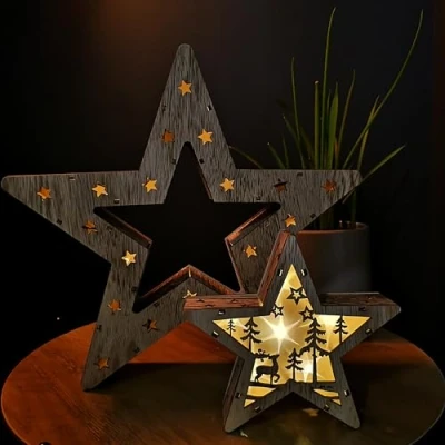 Image of Set of 2 Battery Operated Indoor Wooden Christmas Stars with Warm White LEDs