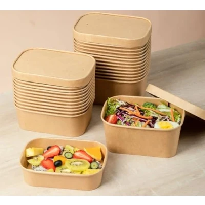 Image of HOT BARGAINS 250 x 650ml Kraft Paper Disposable Food Container with Lids (650, Rectangular, 250, CN50650)
