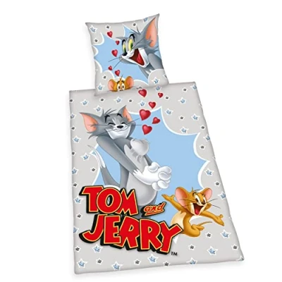 Image of Herding Bedding Set Tom &amp; Jerry, Single Duvet Cover 135 x 200 cm, Pillowcase 80 With Button Placket, Cotton