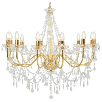 Image of vidaXL Chandelier with Beads Golden 12 x E14 Bulbs