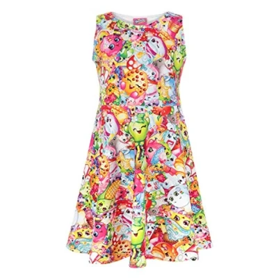 Image of Summer Skater Dress for Girls Kids Teens Party Up Outfit with Colour Options Sleeveless Pink Multi Blue Animated Flowers Food Doughnut Characters