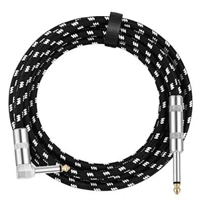 Image of Donner Guitar Lead 3m 10ft, Electric Bass AMP Cable 1/4 inch Jack Right Angle to Straight Instrument Black White