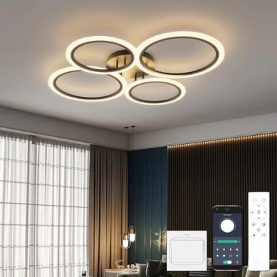 Image of YOLEDY Chandeliers Ceiling Light with Remote Control &amp; APP, LED Fittings Ceilings 4 Rings, Dimmable, Memory Timer, Modern Lights Living Room Hall Lounge Bedroom, Black