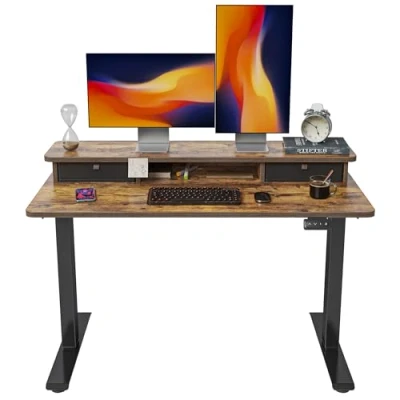 Image of FEZIBO Height Adjustable Electric Standing Desk with Double Drawer, 120 * 60cm Stand Up Table Storage Shelf, Sit Splice Board, Black Frame/Rustic Brown Top