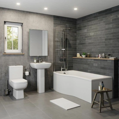 Image of Ceramica P Shaped Bath Bundle 1700 Left Inc. Shower Screen with Rail and Front &amp; End Panel