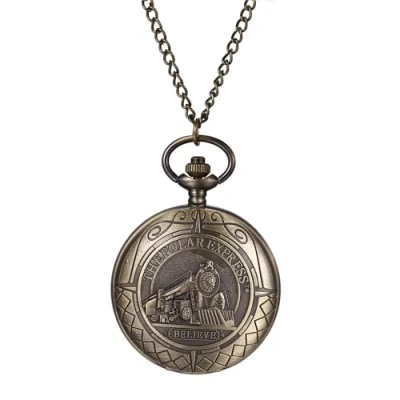 Image of JewelryWe Steam Train Pocket Watch: Vintage Men Women Bronze Classical Hunter Sculptured Antique Quartz Analogue Carved Watches with Chain