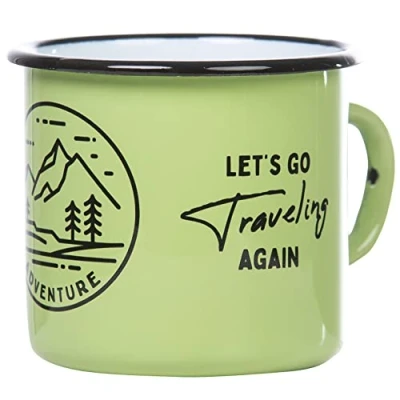 Image of MUGSY Enamel Mug with Nature Motif and Saying Never Stop Exploring, Green Mug, Robust Metal 330 ml