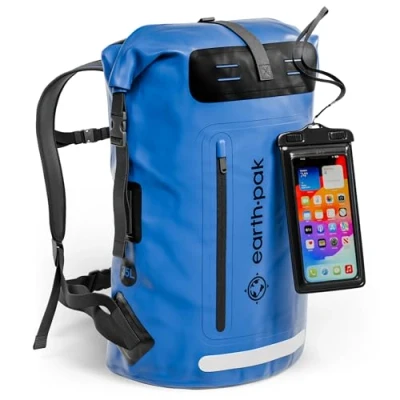 Image of Earth Pak Waterproof Backpack with Roll Top Closure, Front Pocket, Cushioned Back Panel &amp; Phone Case (Black, 85L)