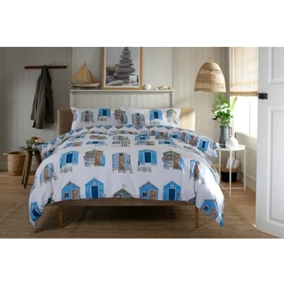 Image of Deyongs 100% Beach Hut design Duvet Cover Set in Multi Colours on a White Background Double Bed Size