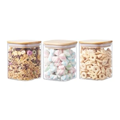 Image of ORNAMI Airtight Glass Pantry Storage Canister with Bamboo Lid BPA Free, Clear Kitchen Jar Square shaped (3, 1L)