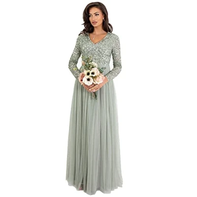 Image of Maya Deluxe Women&#039;s Ladies Dress Sleeve for Wedding Guest V Neck High Empire Waist Maxi Long Length Evening Bridesmaid Prom, Green Lily, 24