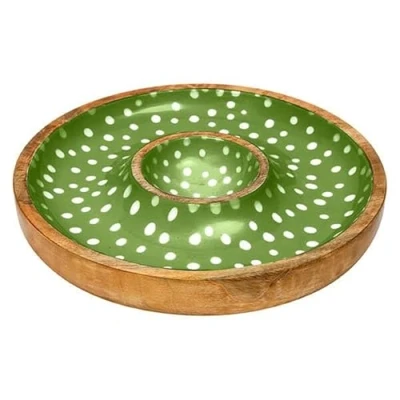 Image of Dexam Sintra Mango Wood Spotted Chip and Dip Bowl Green
