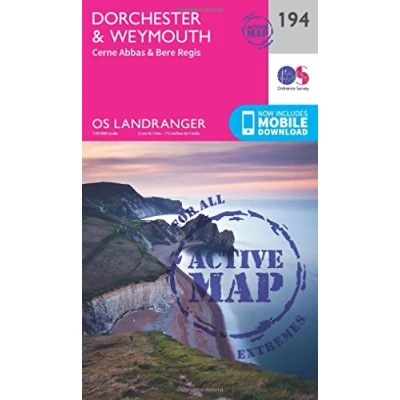 Image of Landranger Active 194 Dorchester &amp; Weymouth, Cerne Abbas Bere Regis Map With Digital Version