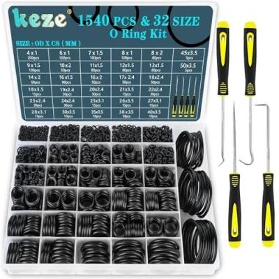 Image of KEZE 32 Size 1540 Pcs Rubber O Rings Assortment Kit with Pick and Hook Set for Assorted Faucet Plumbing Pressure Washer Automotive Repair,Air or Gas Sealing Connections ring OD:4mm 50mm