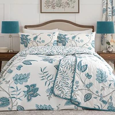 Image of Dreams &amp; Drapes Teal Floral Duvet Cover Sets Double Bedding Size (200 x 200cm) Turquoise Damask White Blue Traditional/Vintage in