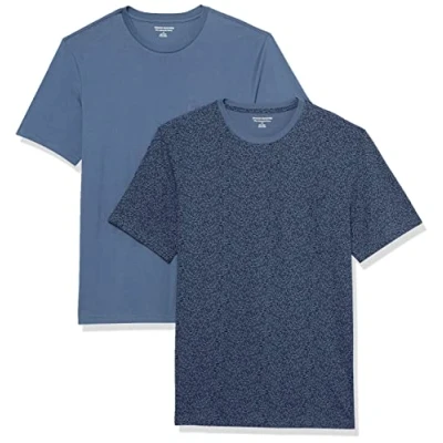Image of Amazon Essentials Men&#039;s T Shirt Slim Fit Short Sleeved Crewneck Pocket, Pack of 2, Washed Blue/Floral Print, XS