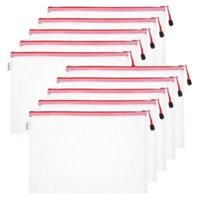 Image of M&amp;G Mesh Zipper Pouch Bag 13.4&quot;x9.6&quot;, 10pcs Waterproof File A4 Letter Size Document Organizing Storage for Office Supply Puzzle Cosmetic Travel, Red