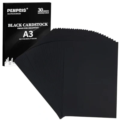 Image of 300gsm Black Cardstock 30 Sheets A3 Size Cardboard Paper Cover Card Stock 110lb Heavyweight Thick for DIY Making,Invitations,Postcards,Business Cards PAC01BK030