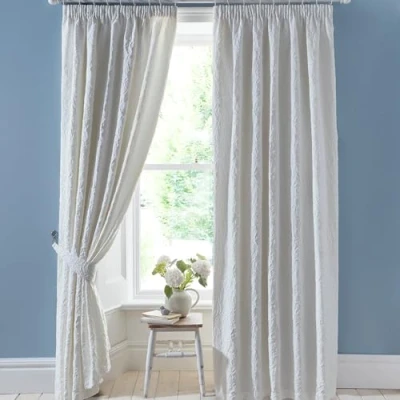 Image of Appletree White Jacquard Curtains W66 x L72 (168 183cm) 2 Tie Backs Included Panels Lined Floral in Embossed Pencil Pleat Luxury and Drapes
