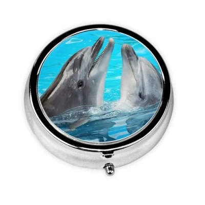 Image of Cool Dolphin Print Round Pill Box,Portable Mini Metal Pill,Pill Box 3 Compartment Medicine Case
