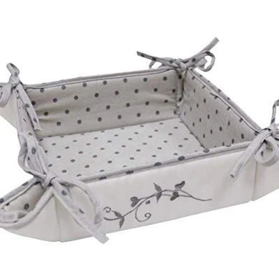 Image of matches21 Bread Basket Fabric Square for Tying Country House Style Embroidery and Heart Appliqué Cream White Light Grey Polka Dots 35