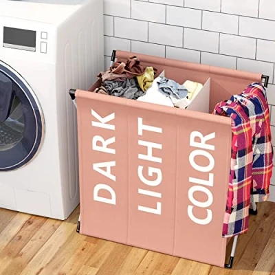 Image of BAKAJI Laundry Basket 3 Compartments Foldable Metal Frame and Fabric Bag Decoration Sritta Space Saving Container with Lid 64 x 38 62 cm (Taupe)