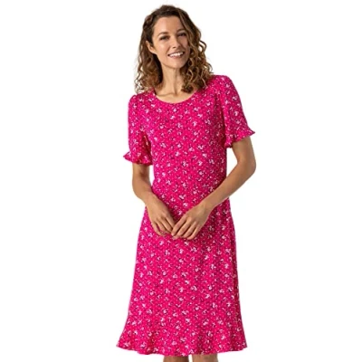 Image of Roman Originals Women Floral Print Fluted Hem Dress Ladies Spring Everyday Summer Evening Vacation Work Holiday Short Sleeve Smart Casual Fuchsia Size 16