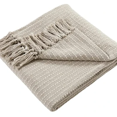 Image of Drift Home Natural Throw with Tassel (180 x 130cm) Sustainable Recycled Cotton 100% Woven Stripe Blanket in Textured Sofa Blanket/Bed Decor