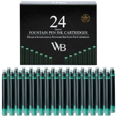 Image of Wordsworth &amp; Black 24 Pack Fountain Pen Ink Refills Set of Green Cartridges International Standard Size Length APPR 1.5&quot; Base Diameter 0.24&quot; Disposable and Generic