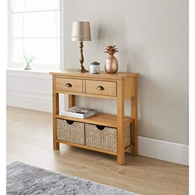 Image of Birsppy HDmirrorR SB 19 Wooden Wiltshire Oak Rustic Console Table With Storage Baskets.