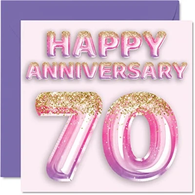 Image of Pretty Platinum Anniversary Card for Wife Girlfriend Husband Boyfriend Pink Purple Glitter Balloon Happy 70th Cards from Family, 145mm x Greeting Seventieth Anniversaries