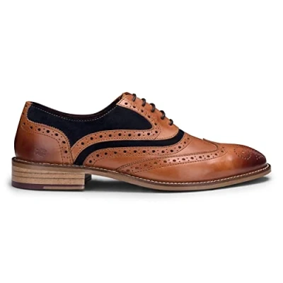 Image of Mens Real Leather Vintage Shoes Brogues 1920s Suede Tweed Laced Smart Formal Tan Navy 10