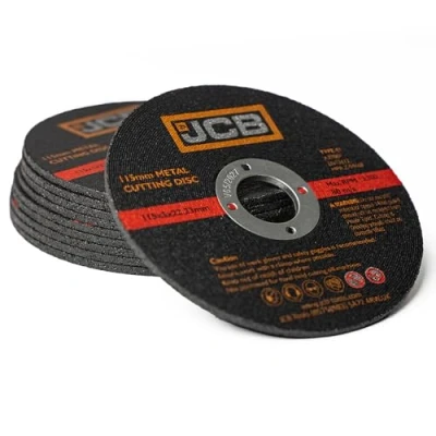 Image of JCB 10x Metal Cutting Discs, 115mm, 3mm Width, Aluminium Oxide, Cuts Through Mild Steel, Stainless Cast Iron, and Metals for Angle Grinders