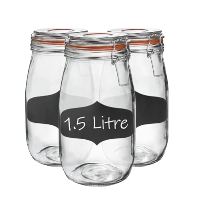 Image of Argon Tableware Glass Jars with Airtight Metal Clip Lid &amp; Chalkboard Stickers 1500ml/50.7oz 3 Pack 4 Colour Seals Round Container Preserving Jar for Pickling, Chutney, Jam, Coffee