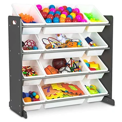 Image of LIVIVO Children Kids 4 Tier Toy Book Story Bedroom Storage Shelf Unit &amp; 12 Plastic Boxes Drawers Tubs Organiser Rack (Grey White)
