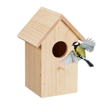Image of Relaxdays Nesting Box for Tit &amp; Redstart, Hinged, Natural Wood, Birdhouse Hanging, 25.5 x 17 16 cm