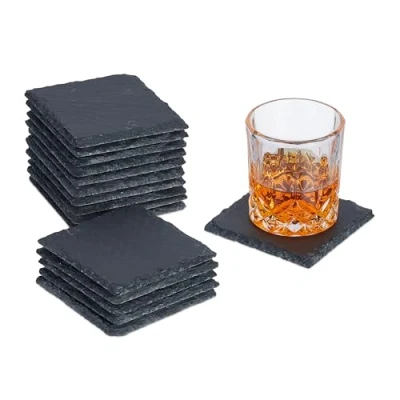 Image of Relaxdays Set of 16 Slate Coaster, Rectangular Trivet, Glass, 10 x cm, for Raclette, Small Snack &amp; Drinks, Anthracite