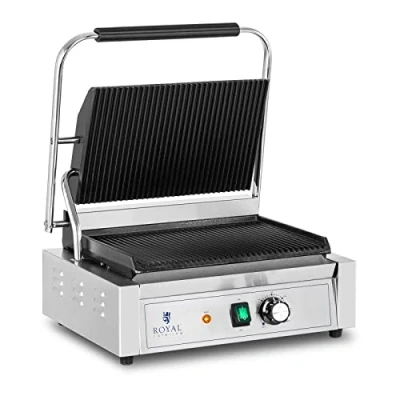 Image of Royal Catering RCPKG 2200 R Contact Grill 2,200 W Ribbed 50 300 C 33 x 22 cm (Stainless Steel, Cast Iron)