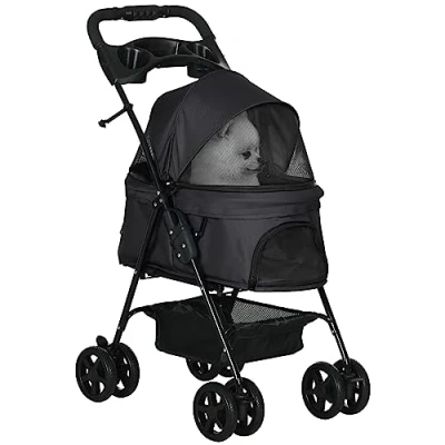 Image of PawHut Dog Pram Stroller Foldable Pet Pushchair with 4 Wheels, Safety Leashes, Cup Holder for Small Dogs, Black