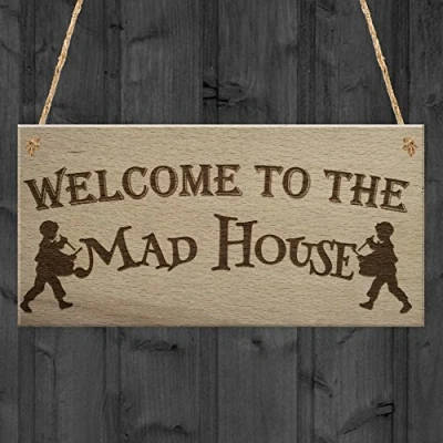 Image of RED OCEAN Mad House Funny Home Decor Gift Friendship Door Hanging Plaque Neighbour Sign