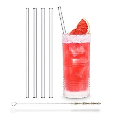 Image of Halm Glass Drinking Straws 23 cm Long 4 Pieces Straight Reusable Sipping Tubes + Plastic Free Cleaning Brush