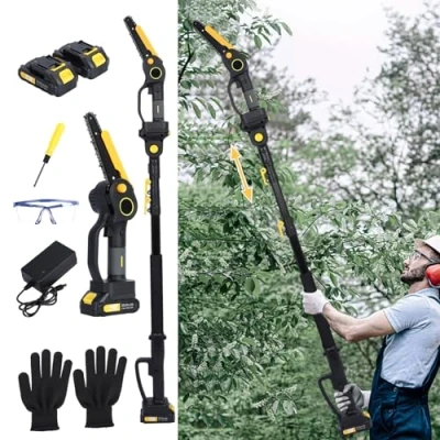 Image of pofluany Mini Chainsaw Cordless 6 Inch, 2 in 1 Electric 21v Hand Battery Chainsaw, Pole Saw with x 2.0Ah Batteries, 4.9 7.5ft for Tree Trimming Black
