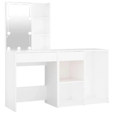 Image of vidaXL White LED Dressing Table and Cabinet Engineered Wood Makeup Vanity with Ample Storage Space Modern Design for Bedroom, Room