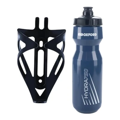 Image of Oxford Bike Bottle Holder and 750ml Navy BPA Free Water Set Durable Matt Black Cage, Universal Fit for Road Mountain Bikes, Easy Install Perfect Outdoor Cycling Hydration