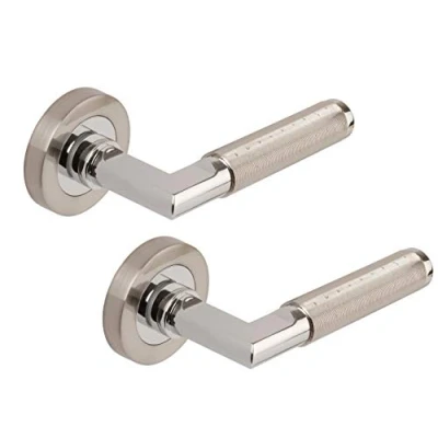 Image of Excel Aura Passage Door Handles on Round Rose, Satin Nickel/Polished Chrome