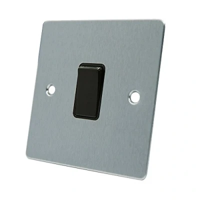 Image of AET FSC1GSWIBLI Satin Chrome Flat Intermediate Black Insert Plastic Rocker Switch 10 Amp Single 1 Gang Light Switch, 240 V
